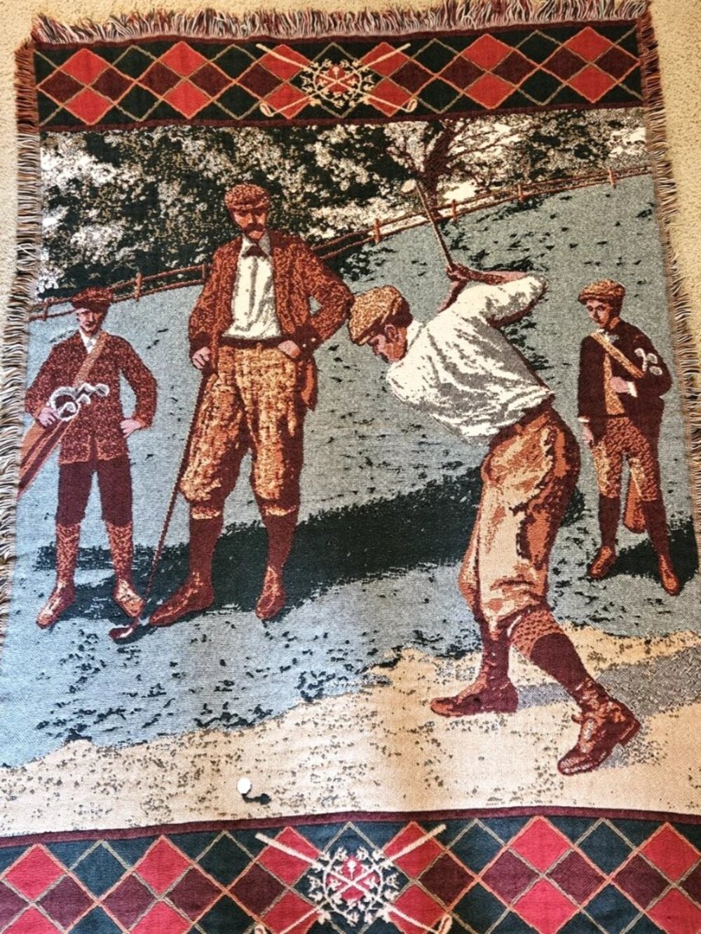 Goodwin Weavers 100% Cotton Golf Tapestry Afghan Throw Blanket Vintage Scene EUC